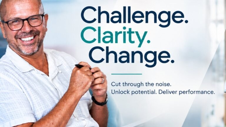 James Hartley smiling beside the words Challenge. Clarity. Change.